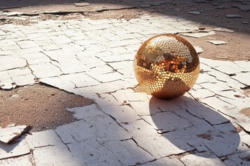 Golden disco ball on cracked earth surface in sunlight