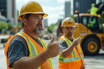 Construction workers on site directing operations with heavy machinery in urban environment