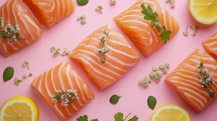 Poster - Fresh salmon fillets with herbs and lemon on a pink background.