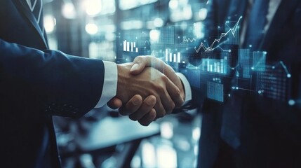 Aufkleber - Two men shake hands in front of a computer screen with a city view