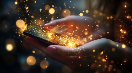 Poster - Close-up of female hands holding a smartphone with glowing golden dust and bokeh lights.