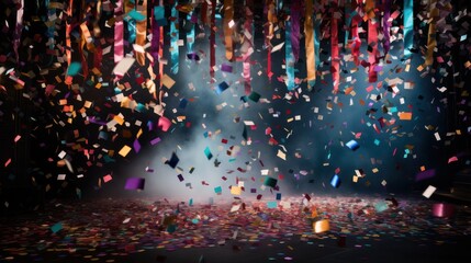Poster - An explosion of colorful confetti descends from above, against a bright and clear sky,