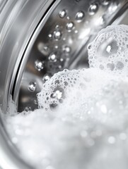 Aufkleber - A close-up view of a washing machine drum shows white towels submerged in soap bubbles, indicating a laundry cycle in progress. Generative AI