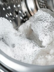 Aufkleber - The washing machine drum is packed with white towels, bubbles forming as they agitate in soapy water during the washing process. Generative AI