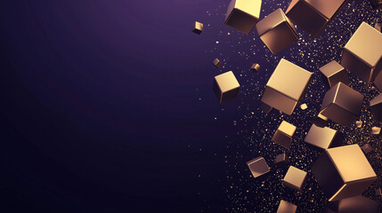 Floating gold cubes on dark purple background with glowing particles, suitable for abstract design and luxury branding.