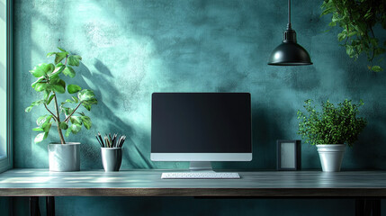 Poster - A stylish desk holds a contemporary computer, accented by potted plants and soft lighting in a cozy workspace filled with natural light