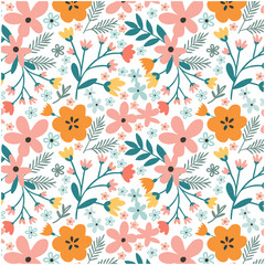 Wall Mural - botanical seamless pattern, vector illustration hand drawn style, doodle flowers background, minimal