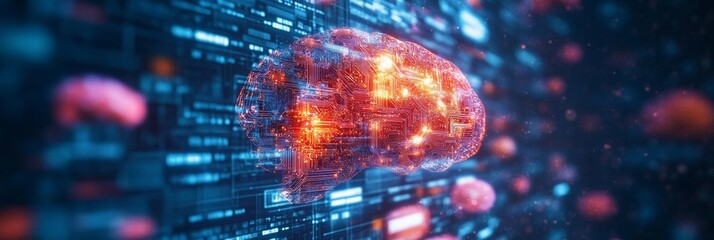 Aufkleber - Glowing Digital Brain Artificial Intelligence, Machine Learning, and Neural Networks in Cyberspace.