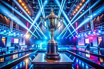 ESports Winner Trophy Standing on a Stage in the Middle of the Computer Video Games Championship Arena Two Rows of PC for Competing Teams Stylish Neon Lights with Cool Area Design