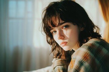 young woman with thoughtful expression sitting by window in warm natural light, wearing casual plaid shirt