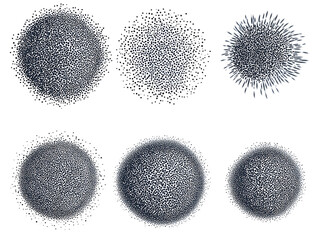 Poster - Abstract set of black stipple spray circle, dotted monochrome elements isolated on white background. Dissolving points, noise gradient	