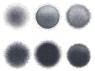 Poster - Abstract set of black stipple spray circle, dotted monochrome elements isolated on white background. Dissolving points, noise gradient	