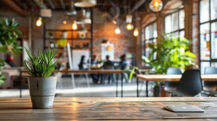 Cup of coffee on a wooden table in a cozy cafe with people in background. Close up of wooden table in coffee shop with cozy atmosphere. Coffee shop and socializing concept for design and print. AIG53.