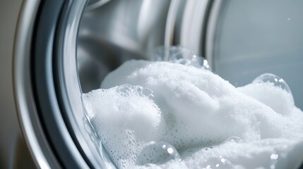 Aufkleber - A washing machine drum is packed with fresh white towels surrounded by frothy bubbles, indicating a wash in progress. Generative AI