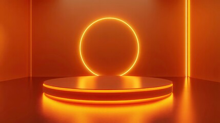 Poster - A glowing orange neon circle and a round platform with a bright orange glow in an empty room.
