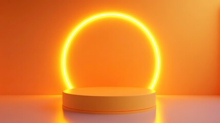 Poster - A round pedestal illuminated by a glowing orange neon circle, against a matching orange background.