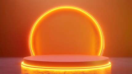 Poster - Abstract orange neon circle with podium and glowing lines on a dark background.
