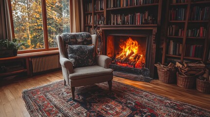 Canvas Print - Cozy chair by a fireplace