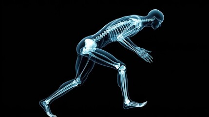 Poster - A skeletal figure in a starting position for a race, with a black background.