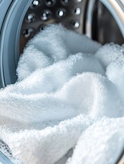 Aufkleber - A washing machine drum is filled with clean, fluffy white towels just taken from a wash cycle, waiting to be dried. Generative AI