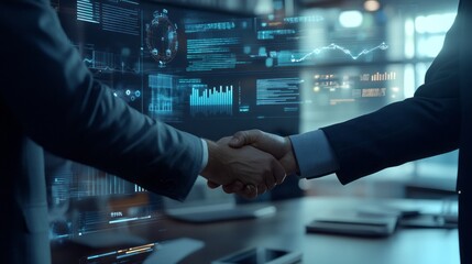 Aufkleber - Two men shake hands in front of a computer monitor displaying graphs and numbers