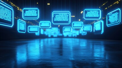 Poster - Neon Holographic Text Boxes Floating in Space