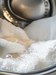 Aufkleber - A washing machine drum filled with white towels soaking in sudsy water, highlighting the cleaning process in action. Generative AI