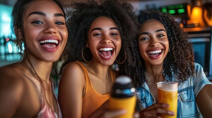 Three women laughing together, enjoying a drink. This photo depicts the joy and camaraderie of a group of friends having fun together.