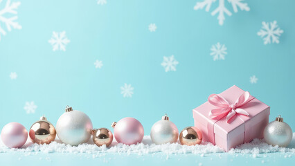 Wall Mural - A gift in pink packaging and balls lie along a soft blue, pastel background with snowflakes and snow. The concept of gift giving for the holidays, sales and discounts.