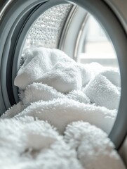 Aufkleber - A washing machine drum reveals a pile of soft white towels, awaiting a thorough cleaning at home in a bright laundry room. Generative AI