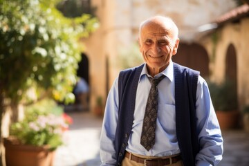 Portrait of a senior man standing in the old town, looking at camera.