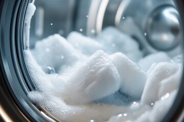 Aufkleber - The washing machine drum is packed with soft, white towels, surrounded by frothy bubbles from the detergent in action. Generative AI