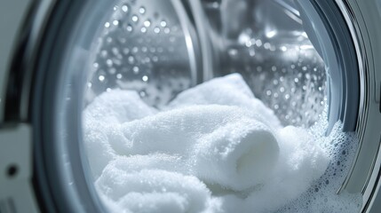 Aufkleber - A washing machine drum is packed with freshly laundered white towels amidst swirling suds, illustrating a typical laundry day. Generative AI