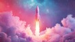 © thenort - A rocket ship blasts off through the clouds leaving a trail of fire as it ascends into space.