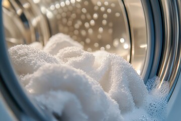 Aufkleber - A washing machine drum is filled with fluffy white towels, currently soaking in soapy water, preparing for a thorough cleaning cycle. Generative AI