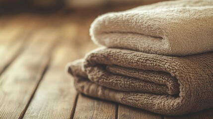 Aufkleber - Soft towels in beige and brown neatly stacked, adding a touch of warmth to a rustic wooden bathroom environment. Generative AI