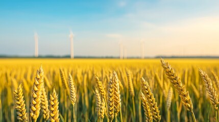 Golden fields of wheat under a clear sky with wind turbines a beautiful landscape of agriculture and renewable energy