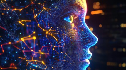 Poster - A digital portrait of a woman's face, rendered in a futuristic style with glowing lines and dots.