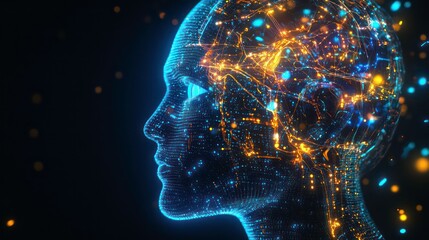 Poster - A digital rendering of a human head, formed from blue and orange light particles. The head is in profile view, with the right side of the face and neck visible. The background is black.