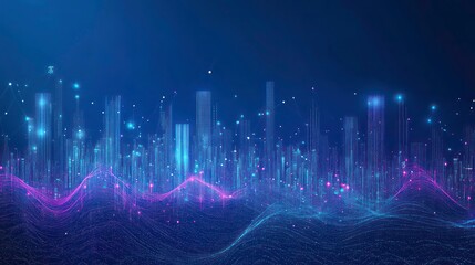 Aufkleber - Abstract digital city skyline with glowing lights and data visualization on a blue background.