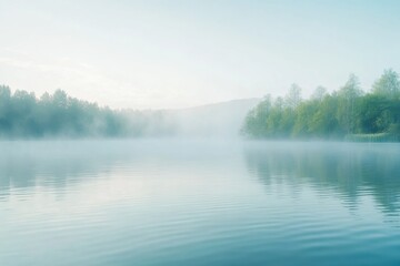 Poster - Morning mist blankets the serene lake, creating a peaceful atmosphere with soft reflections and lush trees in the background. Generative AI