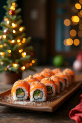 Wall Mural - festive japanese sushi display features christmas tree table copyspace background decor