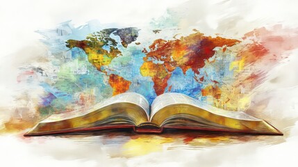 Poster - A watercolor painting of an open book with a world map emerging from its pages.