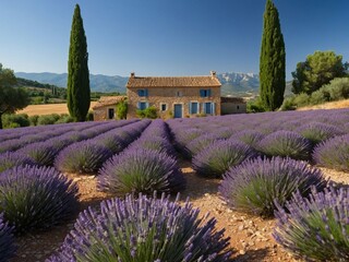 photorealistic scene of a picturesque Provençal landscape with lavender fields in full bloom, a quaint stone farmhouse in the background, and a clear blue sky. Emphasize the vibrant colors 