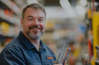 © Anastasia - A smiling middle-aged male hardware store employee holds tools in a well-stocked shop with shelves of various items in the background