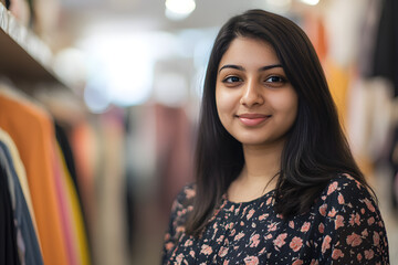 A young female sales assistant of Indian descent smiles confidently in a retail store surrounded by clothing items