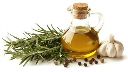 A bottle of olive oil with fresh rosemary and garlic cloves, isolated on white background.