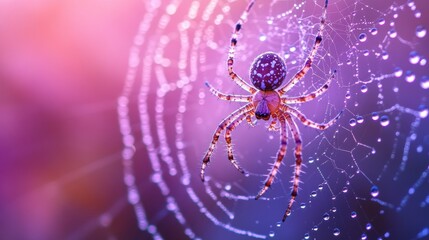 Spider crafting intricate web at dawn, glistening dew drops enhance delicate artistry, nature's morning masterpiece, serene and captivating