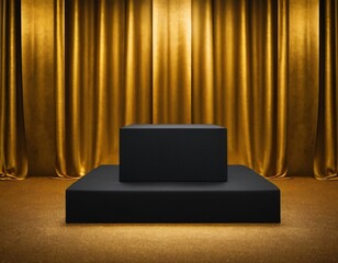 Podium gold fabric product background 3d luxury golden stage silk cloth abstract display. Fabric gold elegant premium podium platform beauty studio pedestal scene light design stand presentation black