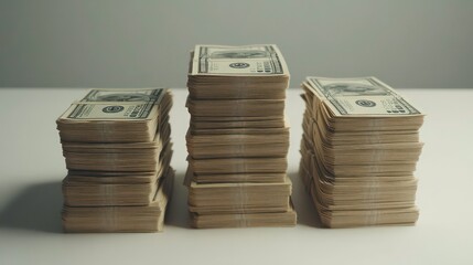 Fototapete - Three stacks of US dollar bills on a white surface, the middle stack is the tallest.